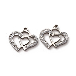 Нержавеющая Сталь Цвет 304 подвески из нержавеющей стали и глиняных страз, сердце, цвет нержавеющей стали, 16.5x18x2.5 мм, отверстие : 1.6 мм