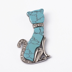Синтетическая Бирюза Кулоны с котенком из синтетической бирюзы, силуэт кота, с 316 фурнитурой из хирургической нержавеющей стали и стразами, 47x27x4 мм, отверстие : 5x3 мм
