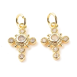 Настоящее золото 18K Латунные микропаве прозрачные подвески с фианитом, без кадмия и без свинца, крестик, реальный 18 k позолоченный, 18x9.5x2.5 мм, отверстие : 3.5 мм
