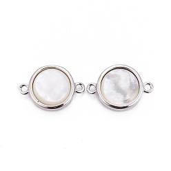 Platinum Natural White Shell Links connectors, with Brass Findings, Flat Round, Platinum, 17.5x12x5.5mm, Hole: 1.5mm
