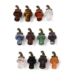 Смешанные камни Подвески-грибы из натуральных смешанных драгоценных камней, с ведьминой шляпой из сплава, античная бронза, 31~31.5x15~15.5 мм, отверстие : 1.5x2 мм