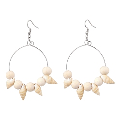 Нержавеющая Сталь Цвет Серьги с подвесками из натуральной спиральной ракушки, с деревянными бусинами и 304 крючками для сережек из нержавеющей стали, кольцо, цвет нержавеющей стали, 88.5x49~58 мм