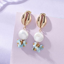 Золотой Серьги-гвоздики в форме ракушки из натурального ларимара, с натуральным барочным жемчугом, бусинами из жемчуга кеши и латунной фурнитурой для сережек-гвоздиков., золотые, 42.5~44x12 мм