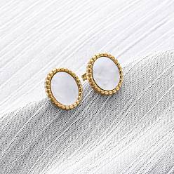 Настоящее золото 18K 304 серьги-гвоздики из натуральной белой ракушки из нержавеющей стали, овальные, ионное покрытие (ip), реальный 18 k позолоченный, 12.5x10.5 мм
