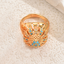 Бирюза Полые геометрические прочные латунные регулируемые кольца с паве из кубического циркония для женщин, круглые, бирюзовые, 18 мм, внутренний диаметр: 16мм~18мм