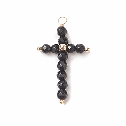 Black Onyx Подвески из натурального черного оникса (окрашенные и нагретые), круглые граненые из медной проволоки, обернутые, крест прелести, золотой свет, 38x23x5 мм, отверстие : 2.5 мм