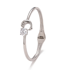 Stainless Steel Color Clear Cubic Zirconia Dophin Cuff Bangle, 304 Stainless Steel Hinged Open Bangle for Women, Stainless Steel Color, Inner Diameter: 2-1/4 inch(5.6cm)