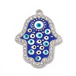 Platinum Alloy Enamel Pendants, with Crystal Rhinestone, Blue Hamsa Hand with Evil Eye Charm, Platinum, 34x26x2mm, Hole: 1.8mm