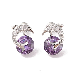 Фиолетовый Серьги-гвоздики из латуни с микропаве из кубического циркония, долговечный, дельфин с плоской кружкой, фиолетовые, 14.5x11 мм