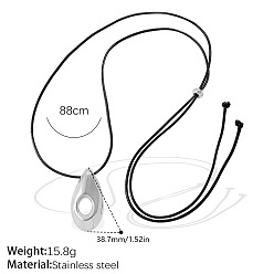 Teardrop 304 Stainless Steel Pendant Adjustable Black PU Leather Slider Necklaces, Silver, Teardrop, 33.86 inch(86cm), Pendant: 38.7mm