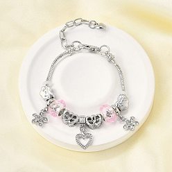 Платина Сплав европейские бусины браслеты с подвесками, браслеты из змеиной цепи для женщин, цветок, сердце и облако, со смолой, стразами и силиконом, без свинца и без кадмия, платина, 7-1/8 дюйм (18 см)