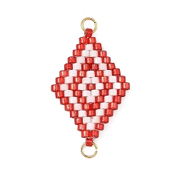 Roja Encantos del conector de cuentas de semillas de vidrio, enlaces de rombo, con tono dorado 304 trabillas de acero inoxidable, rojo, 27.5x18.5x2 mm, agujero: 2.5 mm