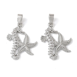 Платина Латунные микро проложить кубического циркония подвески, Подвески в виде морских звезд и морских коньков, долговечный, платина, 21x16.5x2.5 мм, отверстие : 4.5x2 мм