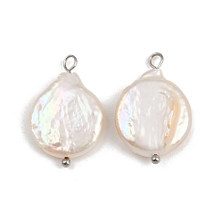 Нержавеющая Сталь Цвет Подвески из натурального пресноводного жемчуга Кеши, плоские круглые прелести, с 304 петлями из нержавеющей стали, белые, цвет нержавеющей стали, 22~28x15.5~17x3.5~8 мм, отверстие : 1.6~3.5 мм