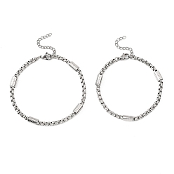 Stainless Steel Color 2Pcs 2 Styles Tarnish Resistant 304 Stainless Steel Box Chains Bracelets for Couples, Stainless Steel Color, 7-3/8~8-1/4 inch(18.7~20.8cm)
