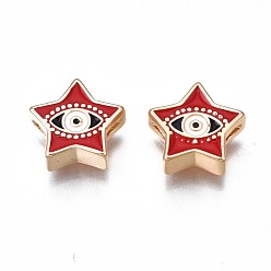 Red Brass Enamel Beads, Nickel Free, Golden, Star with Evil Eye, Red, 11x11.5x4mm, Hole: 1.2mm