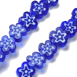 Синий Handmade millefiori lampwork beads strands, цветок, синие, 7.5~8.5x7.5~8.5x3~3.5 мм, отверстие : 0.8 мм, около 50 шт / нитка, 15.75~15.94 дюйм (40~40.5 см)