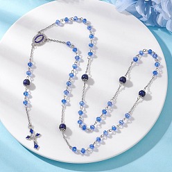 Платиновый & Цвет Нержавейки Круглые четки из натурального лазурита и стекла, Подвеска-крест с изображением Девы Марии из сплава и синей эмали 304 ожерелья из нержавеющей стали с цепочкой, платины и нержавеющая сталь цвет, 26.38 дюйм (67 см)