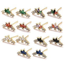 Mixed Color Flower Sparkling Cubic Zirconia Stud Earrings for Her, Real 18K Gold Plated Brass Micro Pave Cubic Zirconia Earrings, Mixed Color, 6x11.5x2mm, Pin: 0.8mm