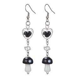 Хрусталь Натуральные кристаллы кристалла кварца болтаются серьги, Длинные серьги-капли в стиле лэмпворк с грибами и сердечками, 304 булавками из нержавеющей стали, 73~74x11.5~12.5 мм