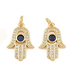 Marine Blue Brass Micro Pave Cubic Zirconia Pendants, Hamsa Hand Charms, Rack Plating, Long-Lasting Plated, Cadmium Free & Lead Free, Real 18K Gold Plated, Marine Blue, 19.5x13x3mm, Hole: 3.5mm