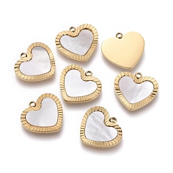 Seashell Color Natural Shell Charms, with Golden Plated 316 Surgical Stainless Steel Findings, Textured, Heart, Seashell Color, 11x12x1.5mm, Hole: 1.5mm