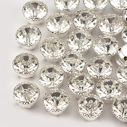 Кристалл Шить на горный хрусталь, стекло горный хрусталь, с настройками латуни, аксессуары для одежды, плоско-круглые, серебряный цвет гальваническим, кристалл, 8x5 мм, отверстие : 1.2 мм
