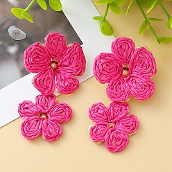 Камелия Серьги-гвоздики с цветочной латунной фурнитурой из рафии, золотые, камелия, 64 мм