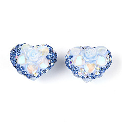 Васильковый Полимерная глина в форме сердца, украшенная стразами, с цветком из смолы и стеклом, фокусные бусины для ручек с бусинами изготовление бижутерии брелок, васильковый, 18~20.5x24.5~25.5x15.5~18 мм, отверстие : 1.8 мм