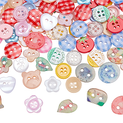 Mixed Color 100Pcs Plastic Buttons, 4-Hole, Mixed Shapes, Mixed Color, 11~13x11~13.5x2~3mm, Hole: 1.5~1.6mm