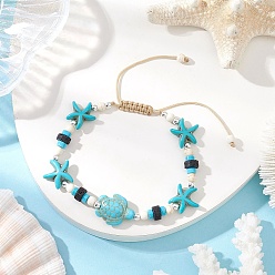 Бирюза Синтетические бирюзовые бусины плетеные браслеты для мужчин и женщин, черепаха и морская звезда, с нейлоновой нитью и бусинами из лавового камня, бирюзовые, внутренний диаметр: 1-7/8~3-1/4 дюйм (4.8~8.1 см)