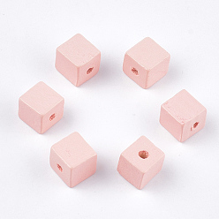 Pink Расписные бусы из натурального дерева, кубические, розовые, 10x10x10 мм, отверстие : 2 мм