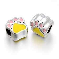 Желтый Не содержащие никель и не содержащие свинца серебряные цвета с эмалью из сплава европейские бусины, бусины с большим отверстием, с рисунками собачих следов, желтые, 11x10x7 мм, отверстие : 4.5 мм