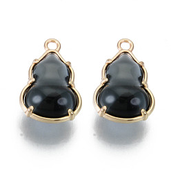 Black Glass Pendants, with Alloy Open Back Settings, Cadmium Free & Nickel Free & Lead Free, Gourd, Light Gold, Black, 18.5x11.5x7mm, Hole: 1.6mm