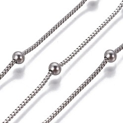 Stainless Steel Color Tarnish Resistant 304 Stainless Steel Box Chains, with Round Beads, Unwelded, Stainless Steel Color, 1mm
