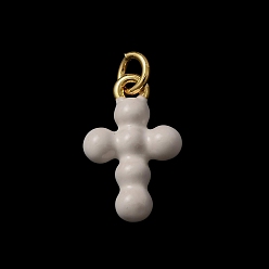 White Brass Pendants, with Enamel, Cross Charms, Rack Plating, Long-Lasting Plated, Lead Free & Cadmium Free, Real 18K Gold Plated, White, 17.5x11x4mm, Hole: 3mm