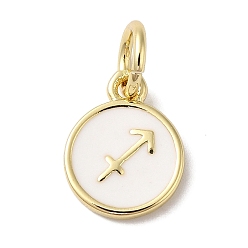 Белый Настоящие золотые латунные эмалевые брелоки 18 k, с целью перехода в кольце, долговечный, без свинца и без кадмия, плоский круглый с подвесками в виде Стрельца, белые, 10x8x1 мм, отверстие : 4 мм