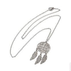 Stainless Steel Color 201 Stainless Steel Pendnat Necklace with Cable Chains, Web with Feather, Stainless Steel Color, 19.61~19.65 inch(49.8~49.9cm)