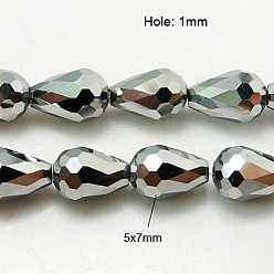 Silver Plated Electroplate Glass Beads Strands, Faceted, teardrop, Silver Plated, 7x5mm, Hole: 1mm, about 65~67pcs/strand, 18~18.5 inch(45.5~46.9cm)