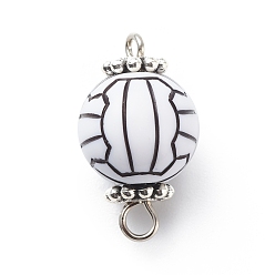 Volleyball Acrylic Basketball Connector Charms, with Antique Silver Tone Space Beads, Round Ball, White, Volleyball Pattern, 20x11.5~12mm, Hole: 1.6mm & 2.5mm