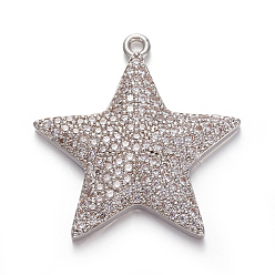 Платина Латунные микро проложить кубического циркония подвески, звезда, прозрачные, платина, 24x22.5x3.5 мм, отверстие : 1.2 мм