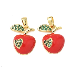 Настоящее золото 18K Латунные микропаве прозрачные подвески с фианитом, без кадмия и без свинца, с эмалью, яблоко, реальный 18 k позолоченный, 16x14.5x5.5 мм, отверстие : 4x2.5 мм