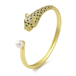 Real 18K Gold Plated Brass Pave Clear & Green Cubic Zirconia Leopard Open Cuff Bangle for Women, with ABS Imitation Pearl, Real 18K Gold Plated, Inner Diameter: 2-1/8x2-3/8 inch(5.25x6.05cm)