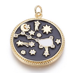 Золотой Латуни циркония кубической подвески, с эмалью, плоский круглый с ковшом, чёрные, золотые, 27.5x24x2 мм, отверстие : 3 мм