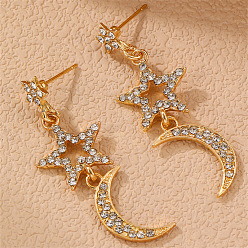 Луна Серьги-гвоздики из сплава и хрустальных стразов, золотые, луна, 45x15 мм
