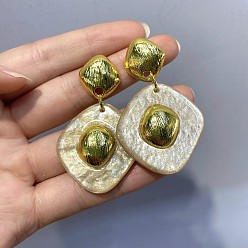 Light Yellow Alloy Resin Stud Dangle Earrings, Rhombus, Golden, Light Yellow, 45mm