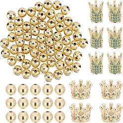 Golden 60Pcs Brass Beads, Long-Lasting Plated, with 10Pcs 2 Style Brass Micro Pave Cubic Zirconia European Beads, Large Hole Beads, Crown, Golden, 12x10x9.5mm, Hole: 2mm