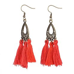 Orange Red Cotton Thread Tassels Dangle Earrings, with Tibetan Style Chandelier Component Links and Brass Earring Hooks, Antique Bronze, Orange Red, 77~79mm, Pin: 0.7mm