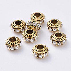 Кристалл Сплавочные европейские бусины, со стразами, бусины с большим отверстием, рондель, античное золото , кристалл, 13x7 мм, отверстие : 5 мм