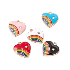 Случайный цвет Кулон эмали сплава, со стразами, сердце с радужным шармом, золотые, случайный цвет, 20x18x3.5 мм, отверстие : 2 мм